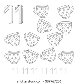 Illustrated worksheet. Learn handwriting. Page to be colored. Tracing worksheet for figure Eleven