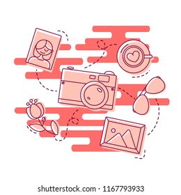 Illustrated workspace in top view perspective, camera, photos, glasses, cup of tea, flower