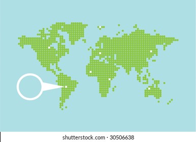 Illustrated world map made using dots with editable dots showing locations and suggestive highlighted area