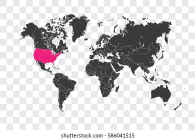 Illustrated World Map with the selected Country Shape of United States of America
