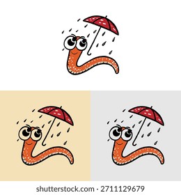 Um verme ilustrado é retratado abrigando-se sob um guarda-chuva vermelho em uma chuva. A imagem apresenta cores brilhantes, linhas limpas e um estilo minimalista. A ilustração pode ser adequada para várias aplicações criativas, incluindo materiais educacionais, livros infantis ou projetos de design. A composição utiliza um fundo limpo.