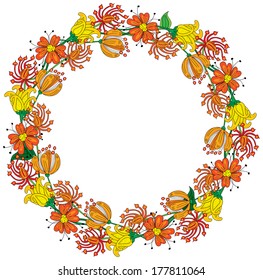 Illustrated wreath made of different flowers in orange and yellow