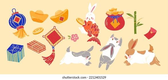 Año ilustrado del conjunto de conejos con efecto risográfico sobre el fondo beige. Incluyendo peces koi, conejillos, sobre rojo, bambú, regalos, flor de ciruela, bolsa de fortuna, doblar con tassel.