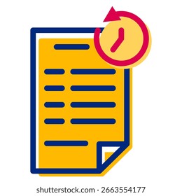 Gelbes Dokument mit blauen Umrissen zeigt Textzeilen und eine Uhr mit einem rosafarbenen Pfeil, was Zeitbeschränkungen und Fristen für zeitkritische Geschäfts- oder Projektmanagementaufgaben nahe legt.