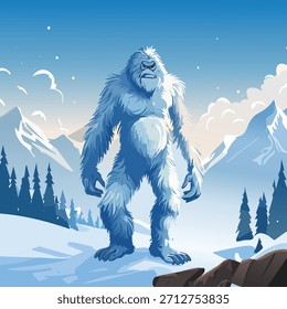 Un yeti ilustrado se encuentra en un telón de fondo de montañas cubiertas de nieve, renderizadas en tonos azules fríos bajo un cielo brillante.