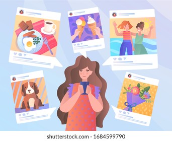 Illustrated young girl on mobile phone in social media posting concept. Vector illustration