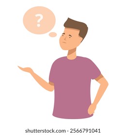 Illustrated young man in purple shirt looking puzzled with a question mark bubble