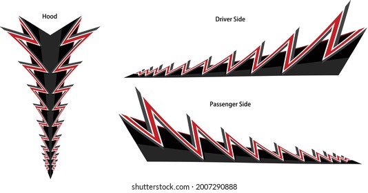 Ilustración zig zag estilo latido de corazón vehículo personalizado, barco o equipo de rayas de moto para ambos lados y arriba. Diseño gráfico vectorial de varios colores de Illustrator.