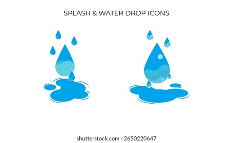 Ilustra gotas de água azuis caindo e fazendo pooling, representando um splash ou uma coleção de água.