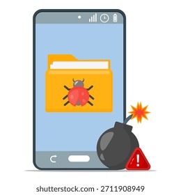 Illustrates a cell phone folder icon with a virus bomb, ideal for technologythemed designs, cybersecurity concepts, and digital virus awareness.