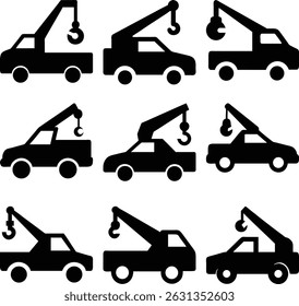 Illustrates different tow truck icon styles with black silhouettes lifting hooks and towing equipment presented in a linear arrangement, showcasing various designs on a white surface.