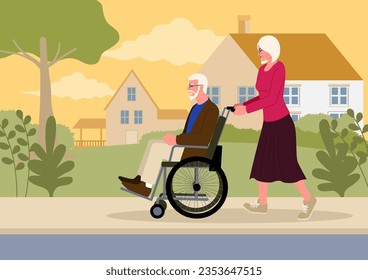 Illustrates an elderly woman pushing her husband in a wheelchair. Scene of love, support, and companionship in later years, relationships, aging gracefully, and the strength of emotional bonds