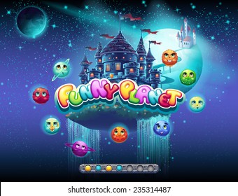 Illustrates an example of loading screen for a computer game on the topic of space and planets cheerful. There is a boot bar.