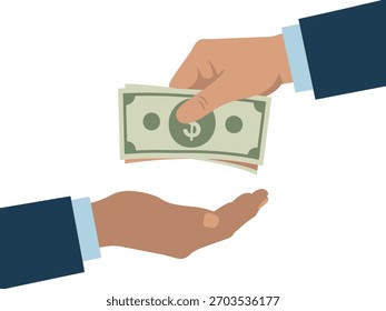 Illustrates a financial exchange between two hands in a professional business context, symbolizing a deal or payment.