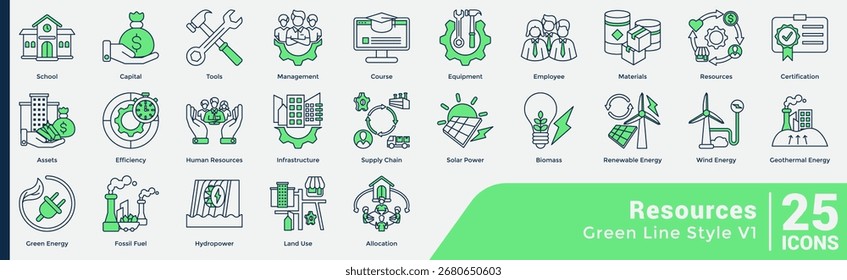 Ilustra los activos y herramientas clave para la productividad, la infraestructura y la energía verde, ideales para el contenido de educación, gestión o sostenibilidad. Estilo de línea verde.