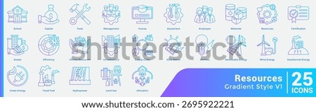 Illustrates key assets and tools for productivity, infrastructure, and green energy, ideal for education, management, or sustainability content. Gradient style.