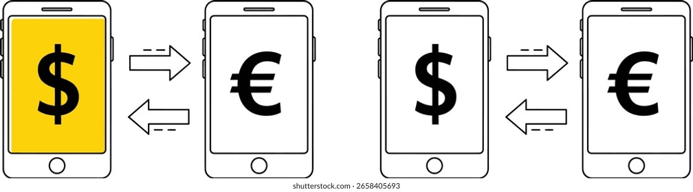 Veranschaulicht den mobilen Währungsumtausch von Dollar in Euro, der Online-Geldtransfers, Finanztechnologie und digitale Zahlungslösungen über mobile Apps darstellt.