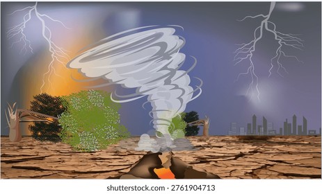 illustrates natural disaster a powerful tornado spirals upward from cracked, drought-stricken ground, with a glowing fissure heat,trees are being violently bent and uprooted by the storm, The sky is dark and ominous, lit by flashes of lightning that fork across the clouds, city skyline stands under threat, silhouetted against the stormy backdrop, hinting at the potential impact on human life and infrastructure. a powerful combination of extreme weather and environmental destruction.