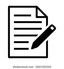 Ilustra un documento en papel con líneas que simbolizan texto, acompañado de un icono de lápiz, representado en blanco y negro sobre un fondo transparente que proporciona un símbolo claro.