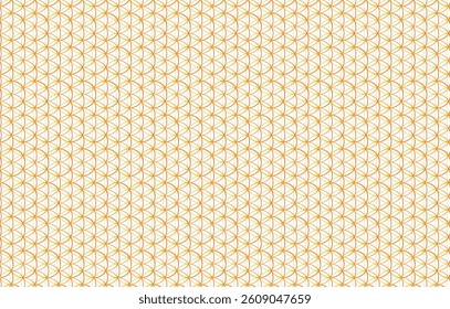 Illustrates a seamless repeating pattern featuring the Golden Flower of Life, an element of sacred geometry, set on a clean white background for a precise ornamental design.