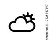 Illustrates a simple weather icon with a cloud, and radiant sun, against transparent background. Representing sunshine and some clouds.