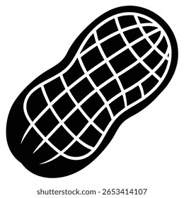Ilustra um único amendoim exibindo um padrão de grade exclusivo em toda a sua superfície, destacando o contorno monocromático que traz um design simples em plano de fundo transparente.