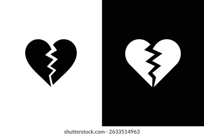 Ilustra um símbolo estilizado de coração rachado com uma fissura irregular, exibido em tons de preto e branco contrastantes nos respectivos fundos.