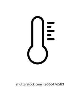 Illustrates a temperature reading utilizing a minimalist, vector style, represented as a black outline of a thermometer with short, horizontal lines indicating the level.