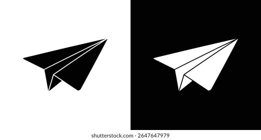 Illustrates two paper airplane icons, one black on white and the other white on black. Simplistic vector design for concepts of flight and contrast.