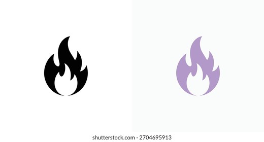 Veranschaulicht zwei stilisierte Flammensymbole auf weißem Hintergrund, eines in einfarbigem Schwarz und das andere in stumpfem Lila, wodurch ein auffälliger visueller Kontrast entsteht.