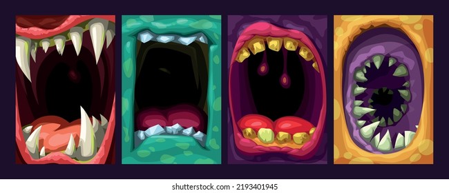 illustratin of cartoon style various shape and color open monsters mouths in set