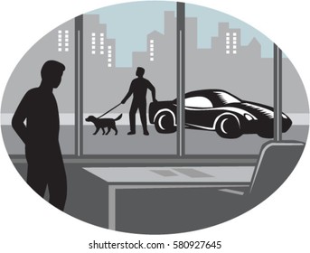 Illustratin of a man from inside an office looking through a window and seeing a person standing next to an exotic car with a well-groomed dog on a leash with buildings done in retro woodcut style. 