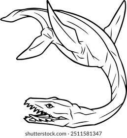 illustratin vector graphic of Plesiosaurus dinosaurs have long bodies, with long, slender necks. Black and white silhouettes are great for learning and education.