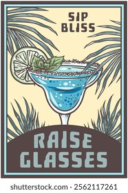 Illustrating a blue lagoon cocktail in a margarita glass, garnished with a lime wheel and mint leaves, surrounded by tropical palm leaves and festive phrases