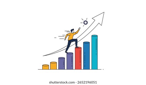 Illustrating the concept of business growth and career advancement through upward trending bar chart and reaching for the sun