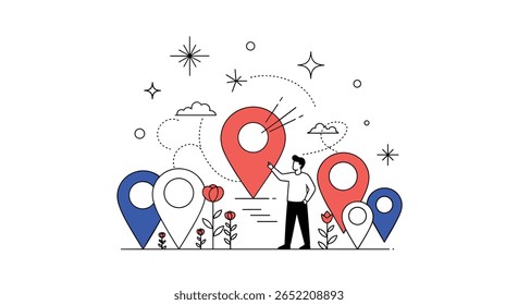 Illustrating the concept of location tracking and navigation with a person interacting with map pointers and clouds