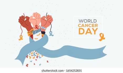 illustrating the concept of world cancer day, various groups of people clenched their hands together hanging lavender ribbons in his hands.with the concept of togetherness,strength.vector illustration