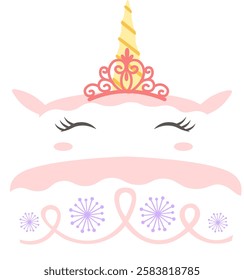 Illustrating a cute unicorn face adorned with a princess crown and cake layers decorated with ribbons and flowers, featuring closed eyes and a golden horn in pink and white