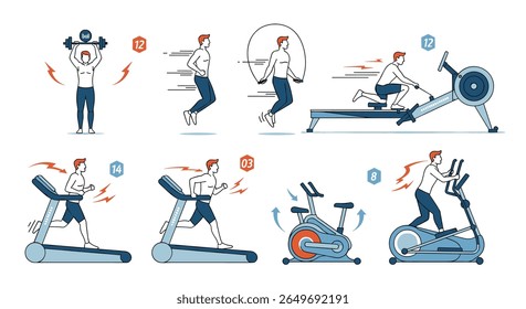 Ilustrando diversos exercícios de treinamento de cárdio e força para uma rotina de fitness abrangente
