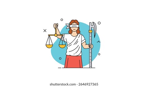 Ilustrando a justiça justa e a equidade jurídica com a justiça de Lady Holding Escalas de equilíbrio e uma equipe