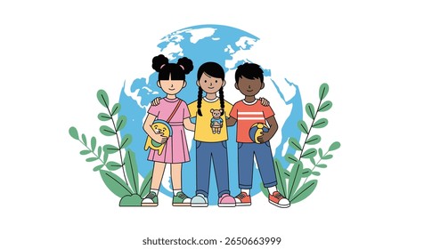 Illustrating global unity and childhood diversity against a backdrop of the earth and lush greenery celebrating our shared planet