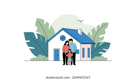 Illustrating a happy family standing in front of their dream home surrounded by lush greenery and a blue sky with a tiny bird flying above