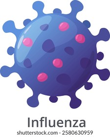 Illustrating the influenza virus cell. Highlighting themes of infection and disease within healthcare and medical microbiology. Featuring vibrant purple and pink hues against a clean white background