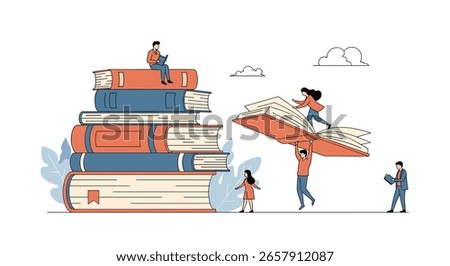 Illustrating the Joy of Reading and Knowledge Acquisition Through Stacked Books and Tiny People Engaged in Learning Activities