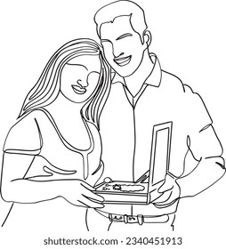 Illustrating Love: Husband's Anniversary Cartoon Gift for Wife, one line continuous sketch drawing cartoon illustration of husband giving wedding anniversary gift to his wife