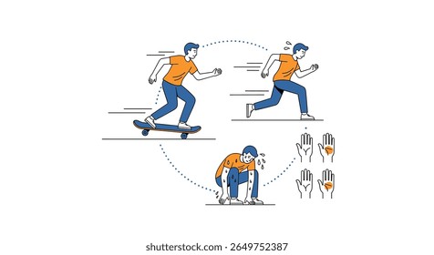 Ilustrando a mecânica do movimento através de poses de ação e diagramas científicos que descrevem o movimento e o momento
