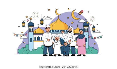 Ilustrando uma família muçulmana celebrando um festival religioso junto com mesquita e decorações festivas no fundo