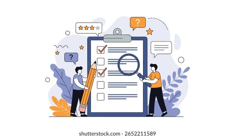 Illustrating the process of conducting a detailed survey and analysis with a magnifying glass for thorough examination and evaluation