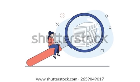 Illustrating the process of thoroughly reviewing documents and information using a magnifying glass tool for enhanced data analysis and insight discovery