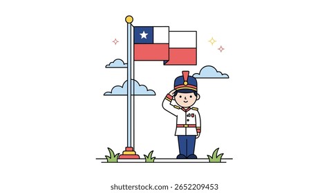 Ilustrando um Soldado Saudando a Bandeira Chilena sob um Céu Azul com Nuvens e Grama
